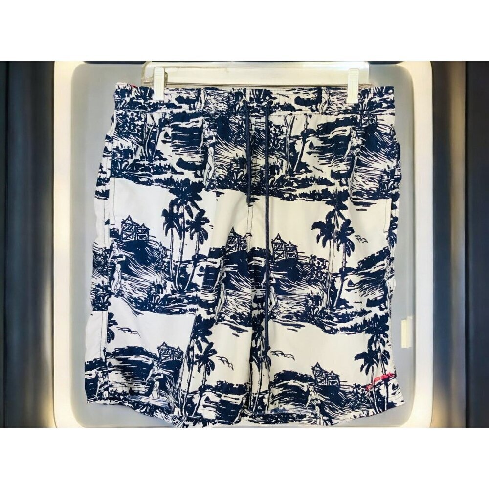 Coast Swim Trunks Blue White Tropical Print Elastic Waistband Mesh Lining Men XL